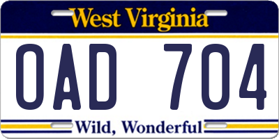 WV license plate OAD704