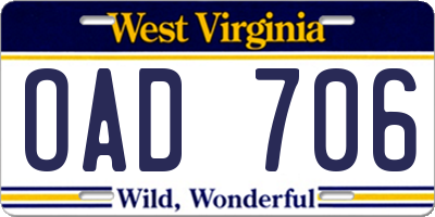 WV license plate OAD706