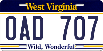 WV license plate OAD707