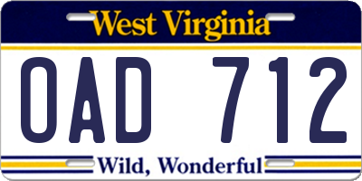 WV license plate OAD712