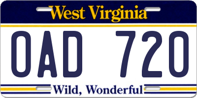 WV license plate OAD720