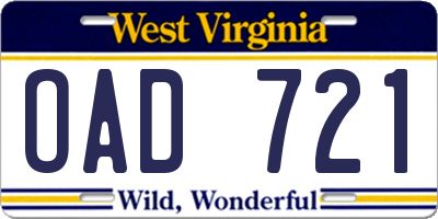 WV license plate OAD721