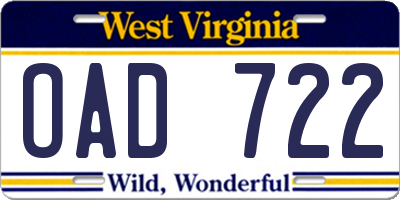 WV license plate OAD722