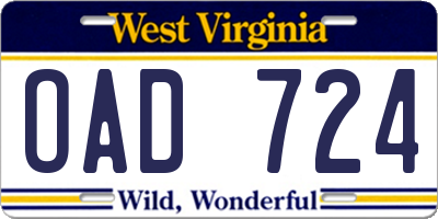 WV license plate OAD724