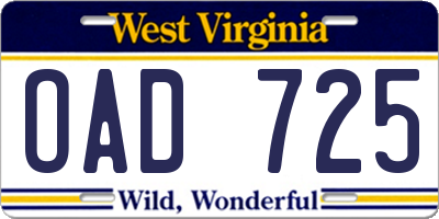WV license plate OAD725
