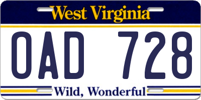 WV license plate OAD728