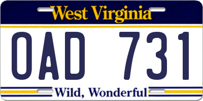 WV license plate OAD731