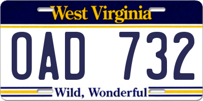 WV license plate OAD732