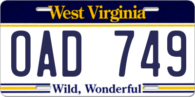 WV license plate OAD749