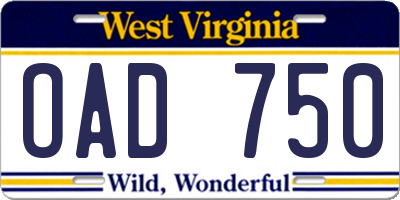WV license plate OAD750