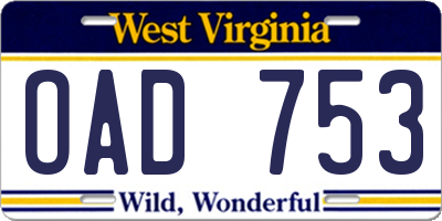 WV license plate OAD753
