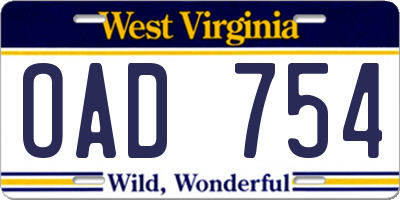 WV license plate OAD754