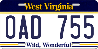 WV license plate OAD755
