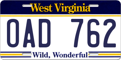 WV license plate OAD762