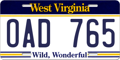 WV license plate OAD765