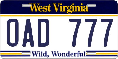 WV license plate OAD777