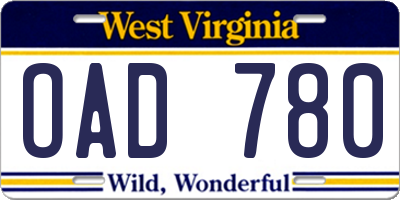 WV license plate OAD780