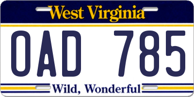 WV license plate OAD785