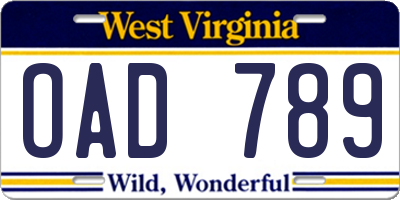 WV license plate OAD789