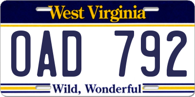WV license plate OAD792