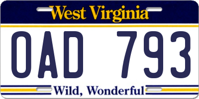 WV license plate OAD793