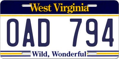WV license plate OAD794