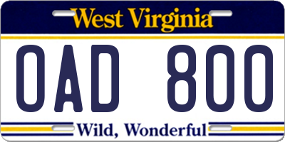 WV license plate OAD800