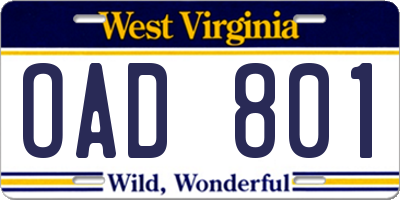 WV license plate OAD801
