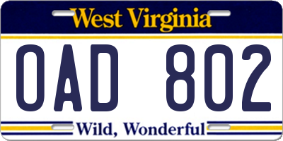 WV license plate OAD802