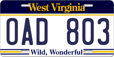 WV license plate OAD803