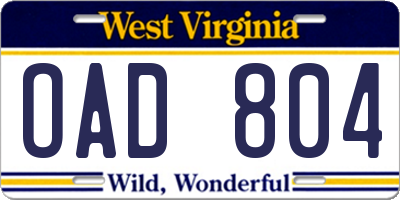 WV license plate OAD804
