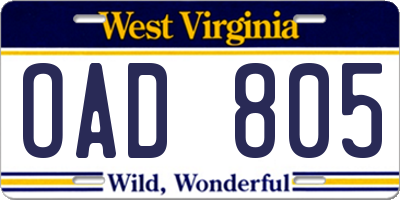 WV license plate OAD805