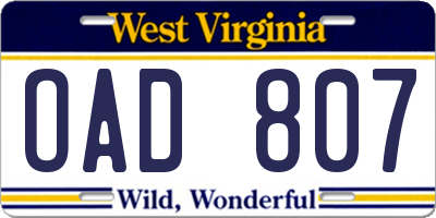 WV license plate OAD807