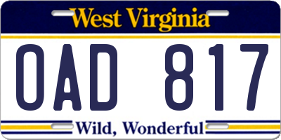 WV license plate OAD817