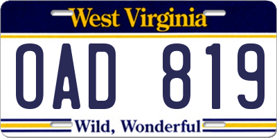 WV license plate OAD819