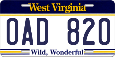 WV license plate OAD820