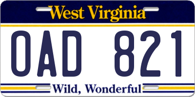 WV license plate OAD821