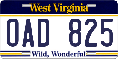 WV license plate OAD825