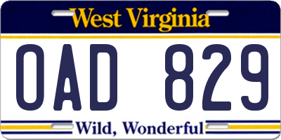 WV license plate OAD829