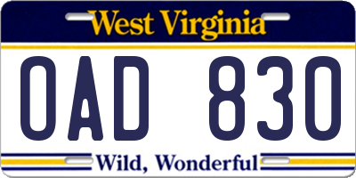 WV license plate OAD830