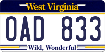 WV license plate OAD833
