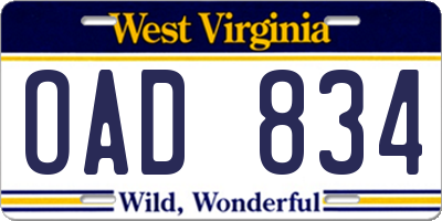 WV license plate OAD834