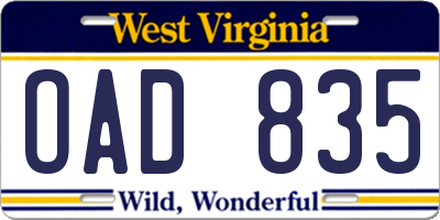 WV license plate OAD835