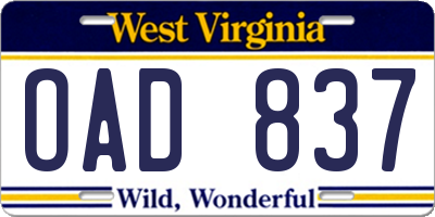 WV license plate OAD837