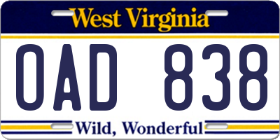 WV license plate OAD838