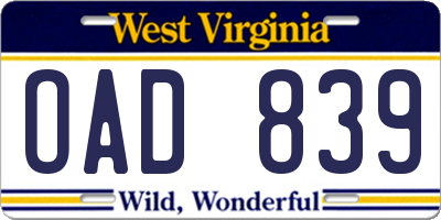 WV license plate OAD839