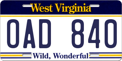 WV license plate OAD840