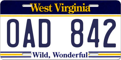 WV license plate OAD842
