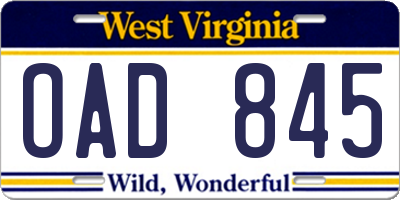 WV license plate OAD845