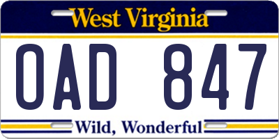WV license plate OAD847